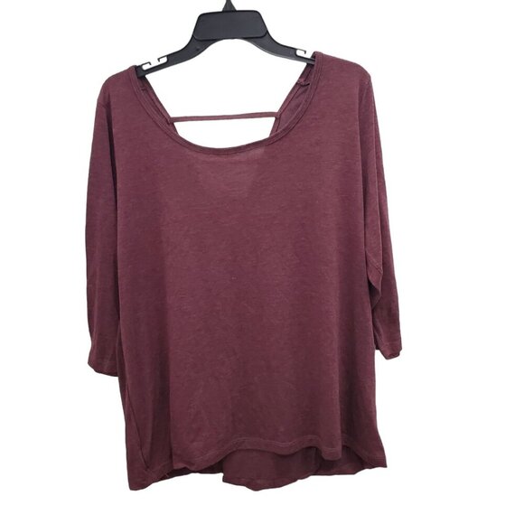 BCG Woman's Maroon Loose Fit Cage Open Cross Drape Back Yoga Active Tee Plus 1X - Picture 1 of 5